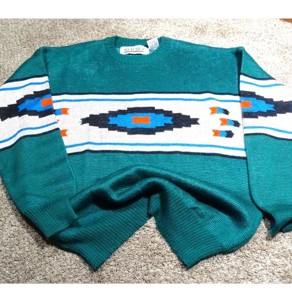 Vintage Red Sky Aztec Sweater L | 90s Southwestern Pullover Green Classic